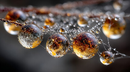 Macro photograph of raindrops on a spider web with golden light reflections on a dark background creating a mesmerizing natural pattern