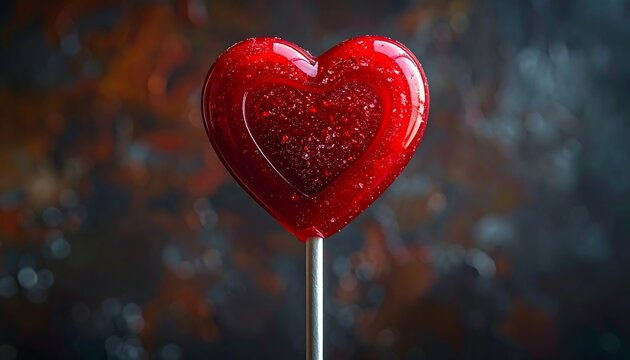 A close-up shot of a red, heart-shaped lollipop on a stick against a blurry background with bokeh effect