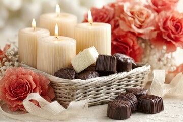 Four lit ivory pillar candles illuminate a woven basket filled with dark and white confectioneries surrounded by peach roses