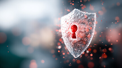 Digital shield with a keyhole representing cybersecurity and protection against threats in the digital world.
