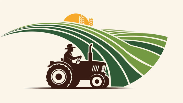 Farmer driving a tractor on a green field at sunset.