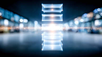 Futuristic data storage concept with glowing stacks and vibrant lights in a digital environment represented in abstract design.
