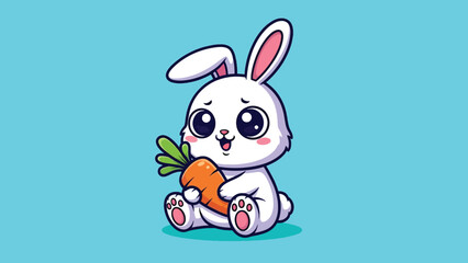 Adorable White Cartoon Rabbit with Big Eyes Happily Holding a Fresh Orange Carrot.