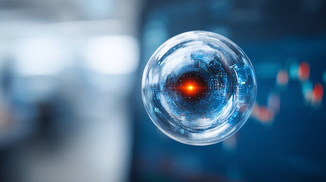 Futuristic digital sphere displaying data and analytics in a modern tech environment, symbolizing innovation and connectivity. - Powered by Adobe