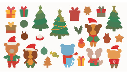 Fototapeta premium Playful Christmas cartoon animal vector mega set with toys gifts and sweets on white