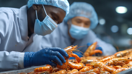 Workers carefully sorting fresh seafood in a processing facility, showcasing professionalism and attention to quality control.