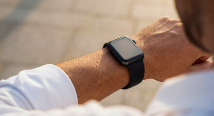 Close up of man wearing modern smartwatch on wrist outdoors