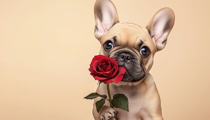 Adorable fawn colored young canine companion holds a deep red rose in its mouth against a pale background