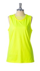 A neon-yellow sleeveless shirt hangs on a mannequin. It has a rounded neckline and trim. The garment is smooth and brightly colored