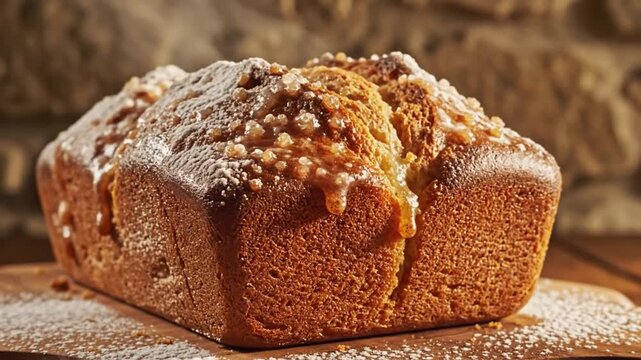 Freshly baked bread loaf placed on a wooden surface with a rustic stone background