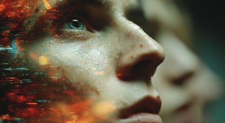 A close-up portrait of a woman with a distorted digital effect