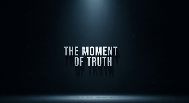 Dramatic spotlight shines on THE MOMENT OF TRUTH in dark room