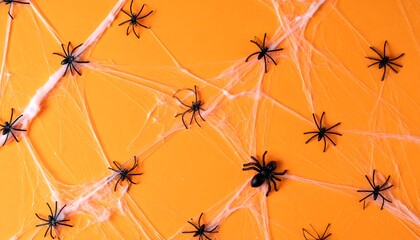 Halloween Spiders and Web on Orange Background.
