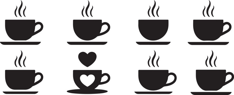 Coffee mug and tea cup vector icon . Black and white coffee cup with heart steam vector illustration.