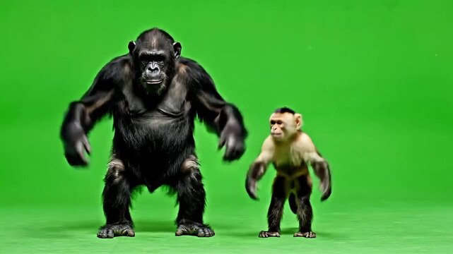 Large gorilla and small monkey standing on green screen background