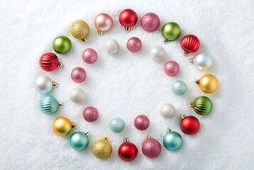 a vibrant collection of colorful christmas ornaments arranged in a circular pattern on a soft textured white background evoking festive cheer