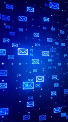 A network of glowing email icons connected by lines against a dark blue background. Digital and abstract, conveying communication