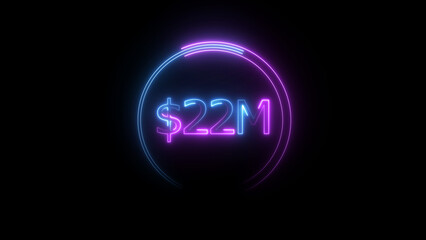 $22 Millions Glowing neon line Letter Icon illustration. $22M achievement for business Work, on black background illustration.