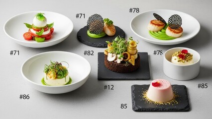 Gourmet Dishes on Plates and Serving Boards.