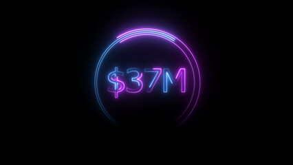 $37 Millions Glowing neon line Letter Icon illustration. $37M achievement for business Work, on black background illustration.