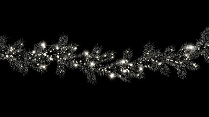 Long christmas garland made of pine branches with string lights and sparkling illumination, festive holiday decoration