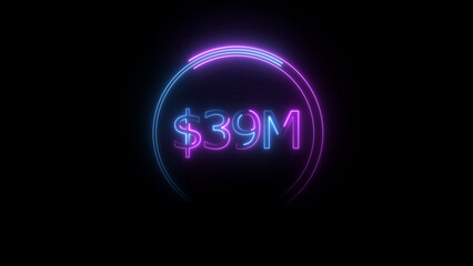 $39 Millions Glowing neon line Letter Icon illustration. $39M achievement for business Work, on black background illustration.