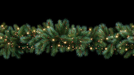 Long garland of lush green pine tree branches with warm glowing string lights for festive holiday decoration