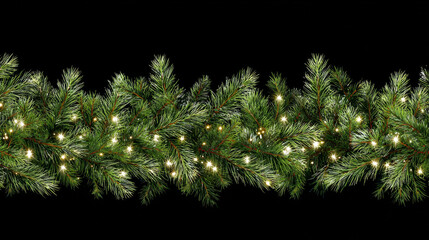 Long garland of pine tree branches decorated with warm white string lights and subtle festive sparkles for holiday decor