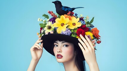 Artistic Portrait Of A Young Woman Wearing An Elaborate Hat Adorned With Vibrant Flowers And A Black Bird Against A Soft Blue Background