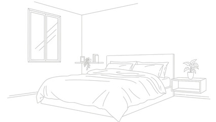Minimalist line art sketch depicting a beautifully made modern bedroom featuring a large comfortable bed and natural light from a nearby window