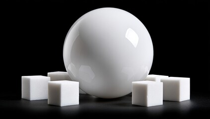 Glossy white sphere surrounded by cubes, black background