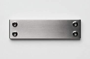 Long rectangular stainless steel name plate with smooth brushed texture and rounded mounting holes