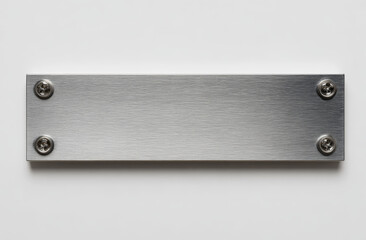 Long rectangular stainless steel nameplate with a brushed metal texture, four visible screws at each corner, mounted on a smooth white surface