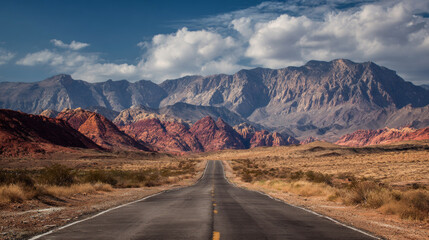 Long straight asphalt road stretching through arid desert landscape with red and beige rugged mountains under cloudy sky