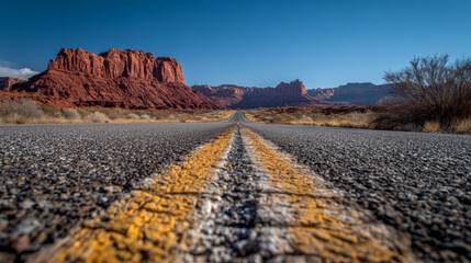 Long shot of a two-lane asphalt road stretching through a desert landscape with red sandstone mountains under a clear blue sky