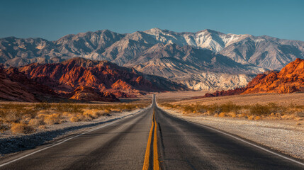 Long straight asphalt road with yellow centerline stretching through arid desert landscape featuring rugged red and white mountains in the background under clear blue sky