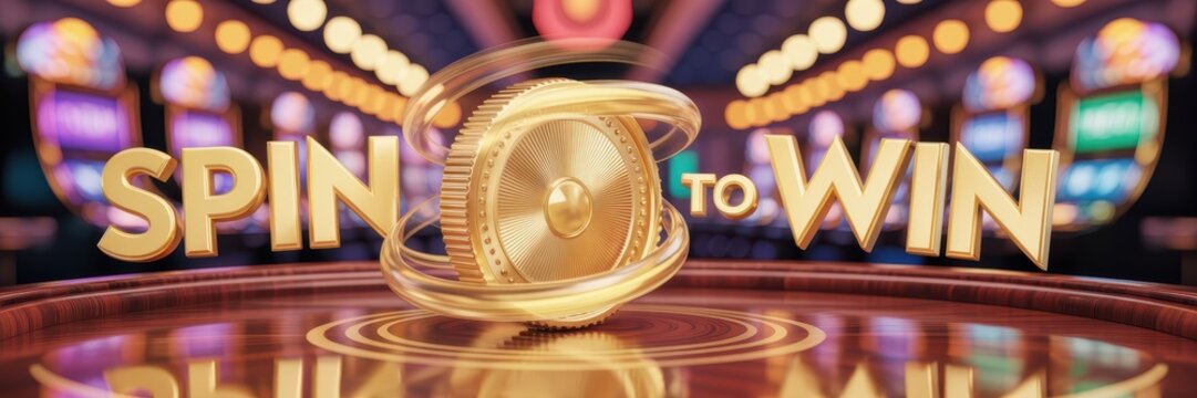 Spin to Win golden casino wheel banner with bright slot machines jackpot lights and luxury game show background