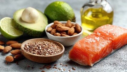 Healthy fats salmon, avocado, almonds, flax, oil, lime