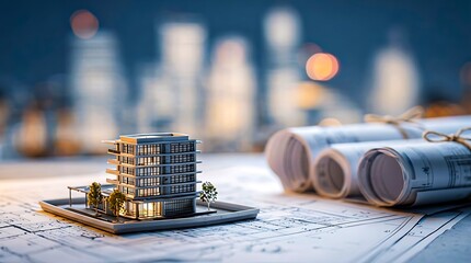 Architectural building model with blueprints and plans
