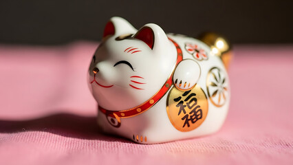 A small white cat figurine with a red collar and gold accents