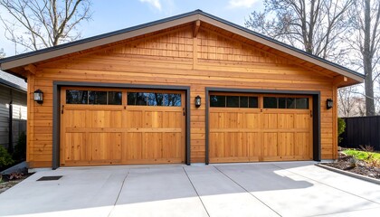 A new wood-paneled garage with two bay doors. The building has a gabled roof with dark trim and a concrete driveway