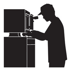  Man in cap silhouette intently engaging with an electronic device or computer system.