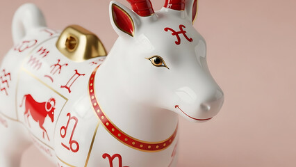 A white ceramic goat figurine with red and gold astrology symbols