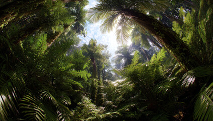 Lush tropical rainforest with dense green ferns and towering palm trees under bright sunlight