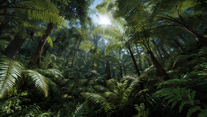 Lush tropical rainforest with vibrant green ferns and tall palm trees under bright sunlight