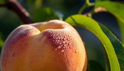 Close-up Macro Shot of A Ripe Peach Covered in Dew Drops on A Tree Branch with Green Leaves in Soft Sunlight
