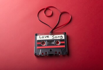 a vintage audio cassette tape with a red ribbon formed into a heart shape is displayed against a vibrant red background evoking nostalgia