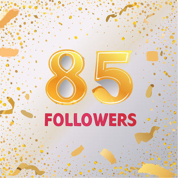 85k followers celebration design with Golden numbers, sparkling confetti and glitters. Realistic 3d festive illustration. Party event decoration. Vector illustration
