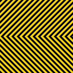 Warning sign with yellow and black diagonal lines. Attention, danger or caution symbol. Construction site signage, road safety notice, hazard banner, security alert shield. Vector illustration
