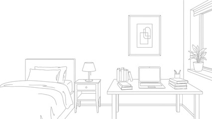 Simple black and white line art drawing of a modern bedroom featuring a neatly made bed and a functional desk setup for working or studying.